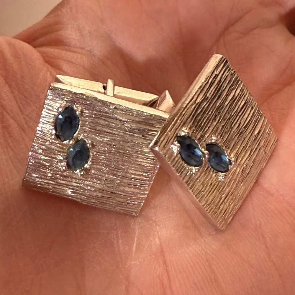 Vintage 1940- 60 Swank Art deco silver Blue Marquise stone Square cuff links